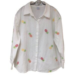 Casey Coleman Embroidered Blouse Women L Bust 48 Allover Pineapple Cotton Beachy